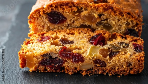A dense and moist slice of traditional fruitcake packed with plump dried fruits, offering a rich and delicious holiday treat.