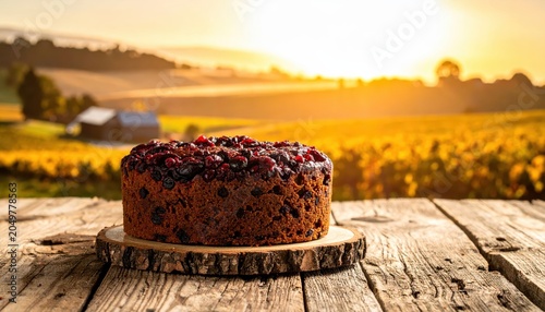 A dense and dark fruitcake sits on a weathered wooden plank with a warm, sunlit countryside background.