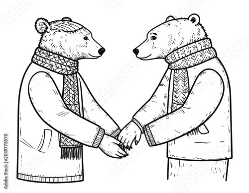 A black and white illustration of two bears wearing sweaters and scarves holding hands