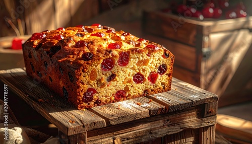 A dense and moist traditional fruitcake loaded with visible glacé cherries and dried fruits, presented on a rustic wooden surface