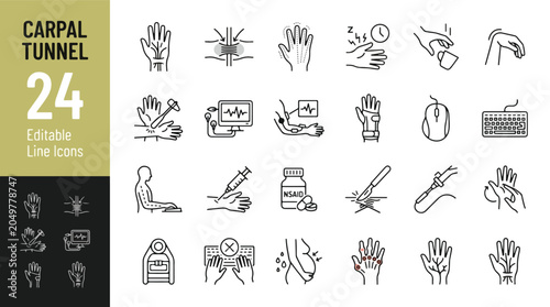 Carpal Tunnel Syndrome Line Editable Icons set. Vector illustration in modern thin line style of medical hand pain, wrist brace, nerve compression, surgery, ergonomics, keyboard, mouse