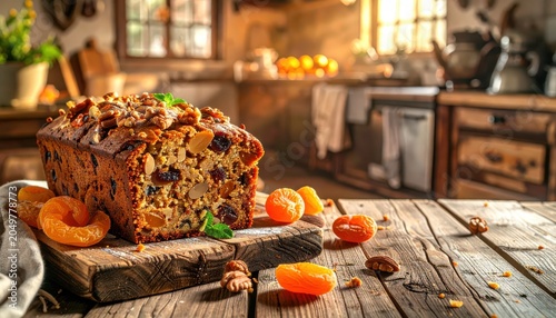 A dense and moist traditional fruitcake with visible chunks of nuts and dried fruits sits on a rustic wooden table in a warmly lit kitchen setting