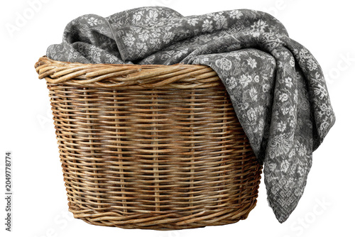 Woven wicker basket filled with textured grey floral fabric