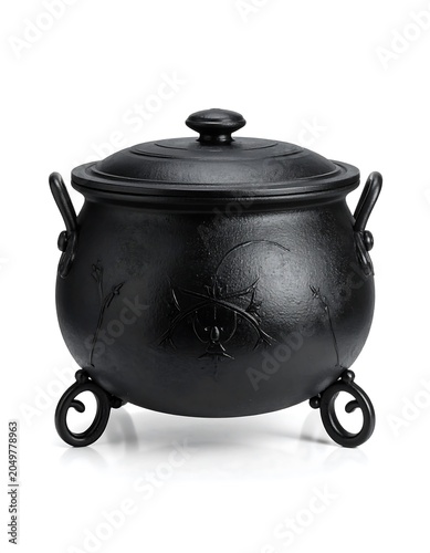 A black, scratched cauldron with a lid and handles on a white background