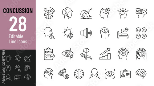Bild auf Leinwand Concussion and Traumatic Brain Injury Line Editable Icons set