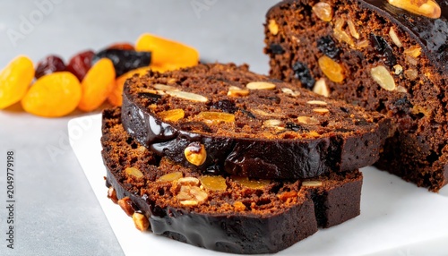 A Dense, Moist Chocolate Fruitcake Sliced and Stacked with Dried Fruits and Nuts, Emphasizing Rich Texture and Sweetness