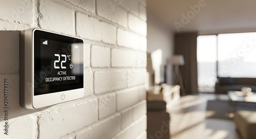 A modern smart thermostat displaying 22°C and active occupancy detection mounted on a white brick wall in a bright, contemporary living room.