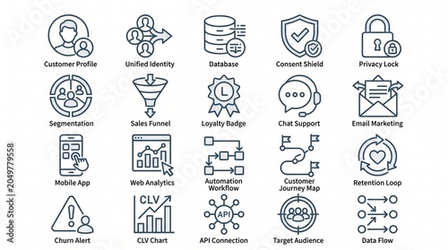 Customer Relationship Management CRM and Data Analytics Icon Set
