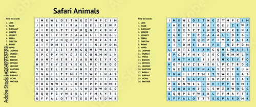 Safari Animals Word Search on Yellow Background