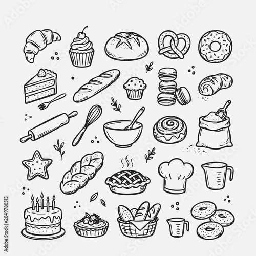 Silhouette of various baked goods and baking tools