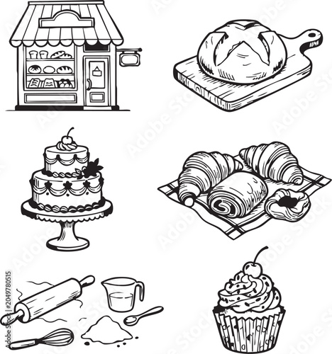 Silhouette bakery icons with pastries and tools