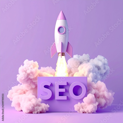 A 3D illustration of a rocket launching above a block with SEO