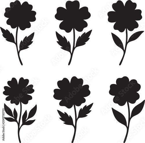 Floral silhouette collection six black flower designs on white background for graphic design