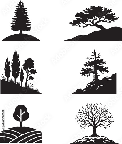 Tree silhouette collection six minimalist black vector designs for nature inspired branding