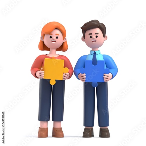 A 3D illustration of a smiling man and woman holding puzzle pieces