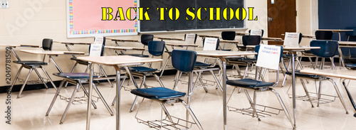Classroom set up with text reading back to school