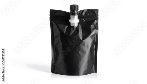 A black, shiny, resealable pouch with a white and black spout
