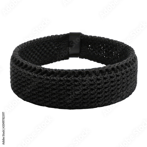 Black woven wristband with dark clasp on dark background