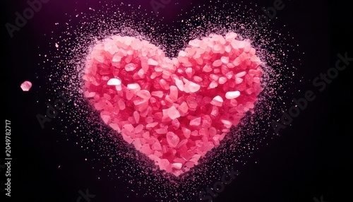Pink Heart Made of Crystals Exploding on Black Background.