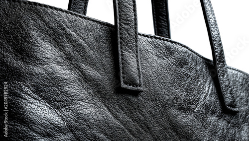 Wrinkled black leather tote bag with a strap, cropped close-up