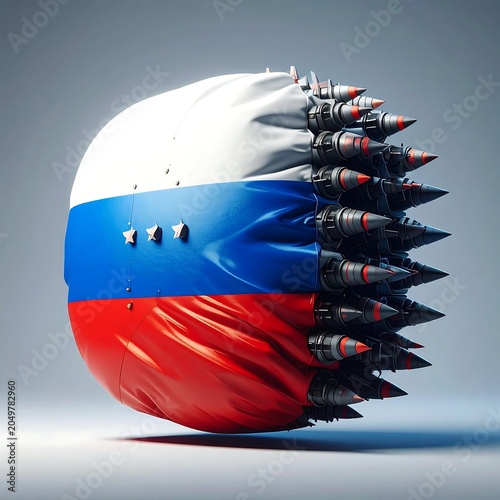 A 3D illustration of a sphere with a tricolor design and missile protrusions