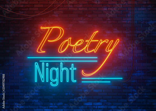 Fotografie Poetry Night neon sign against a brick wall