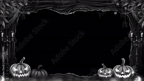 Black and white Halloween frame border, transparent background animation