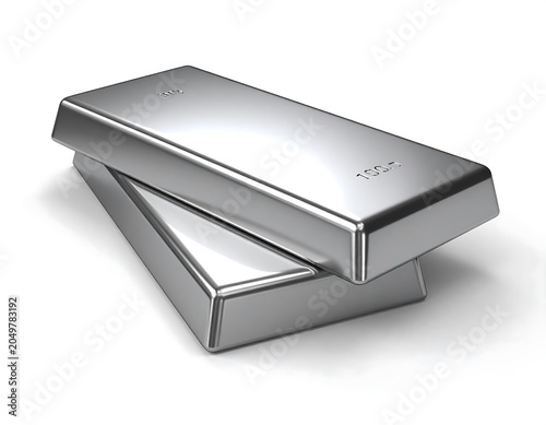 A 3D rendering of two shiny silver bars stacked