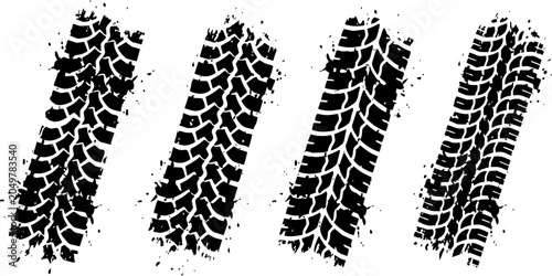 Grungy black tire tread marks vector illustration set featuring four unique textured off road patterns
