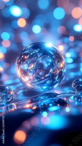 Close-up of a water droplet with colorful bokeh lights.