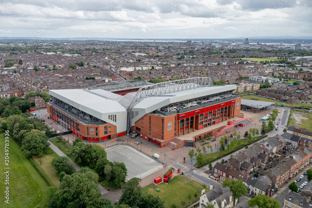 Naklejka premium Anfield Stadium in Liverpool, Merseyside, England. Iconic football venue and sporting landmark viewed from above, home of a world famous club and a major destination for fans and tourism.