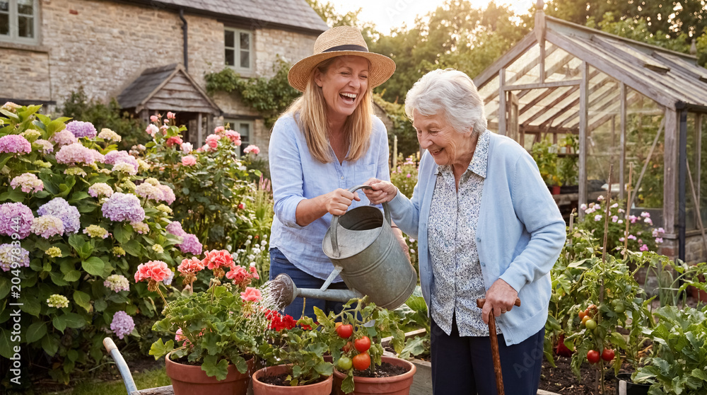Fototapeta premium Mother and senior daughter smiling, enjoying gardening, watering plants together in a blooming cottage garden