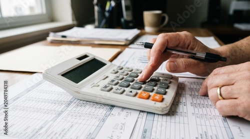 Foto Hands using calculator with financial documents, tax forms and pen on office des