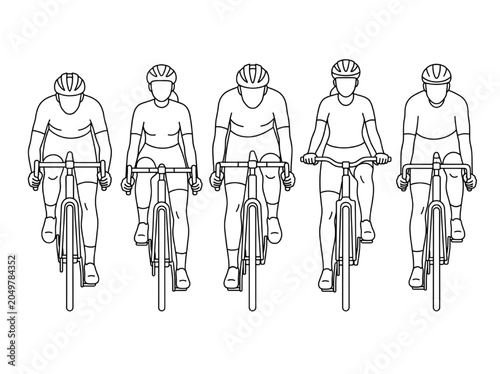 Foto Front view CAD drawings of cyclists riding bicycles vector outline illustration