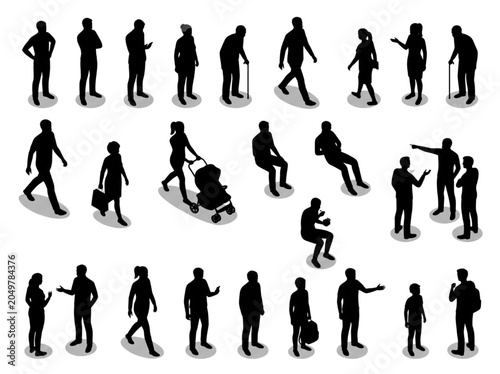 Isometric CAD people vector silhouettes set for architectural rendering and diagrams of walking, standing, and sitting crowd