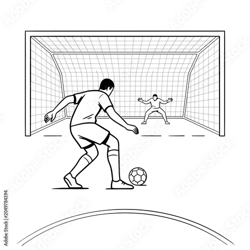 football player silhouette, Football player taking penalty kick against goalkeeper at net vector sketch illustration