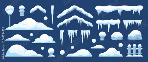 Vector set of cartoon snowdrifts icicles and winter elements ideal for game design seasonal graphics and user interface assets