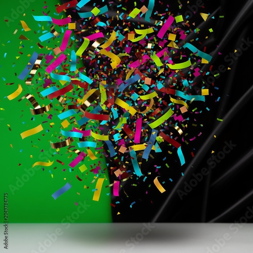 Colorful Confetti Explosion on Green Background.