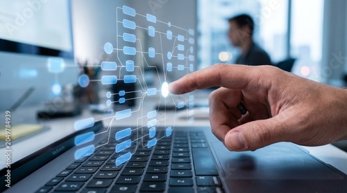 Tapety artystyczne Hand touching virtual flowchart interface over laptop keyboard, digital workflow automation technology concept