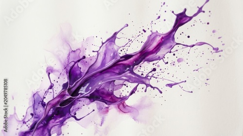 Dynamic purple paint splash isolated on white background with ink drops and artistic fluid motion