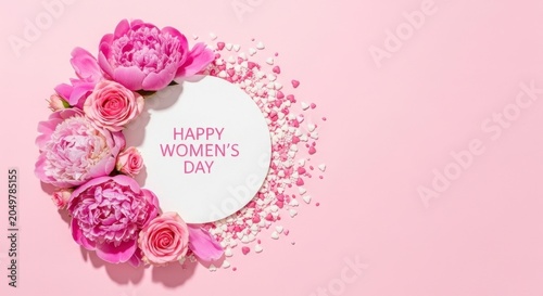 Happy Womens Day greeting card with fresh pink peonies and roses around a circular white copy space