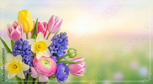Spring floral bouquet with tulips, daffodils, and hyacinths on a soft pastel blurred garden background