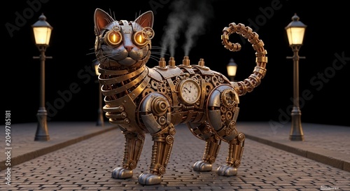 Steampunk robotic cat with glowing eyes and clockwork gears standing on a cobblestone street at night