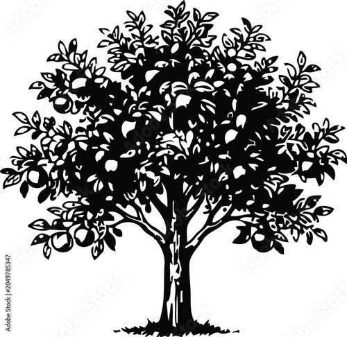 Schilderij op canvas tree in engraving style with abundant ripe fruit during harvest season for natur