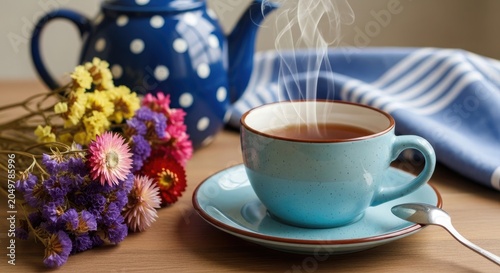 Steaming cup of coffee with polka dot teapot and dried flowers cozy morning beverage scene