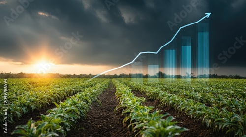 Agricultural field with sunrise and growing success graph