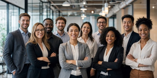 Smiling and diverse group of business professionals standing in a modern office environment, arms crossed, exuding confidence and professionalism to the camera.