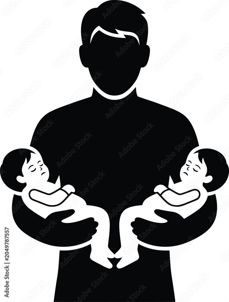 Fototapeta premium Father holding twin babies icon for family parenthood symbol vector illustration