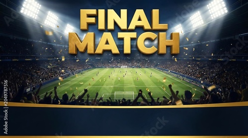 Exciting final match soccer stadium atmosphere with golden confetti
