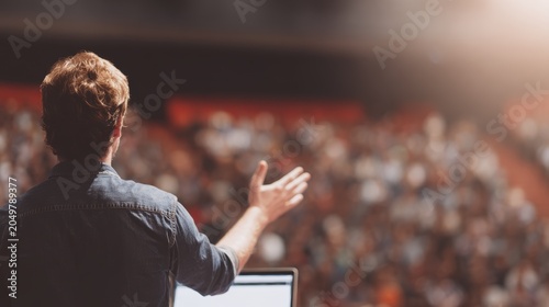 Speaker engages audience in large auditorium with enthusiastic presentation